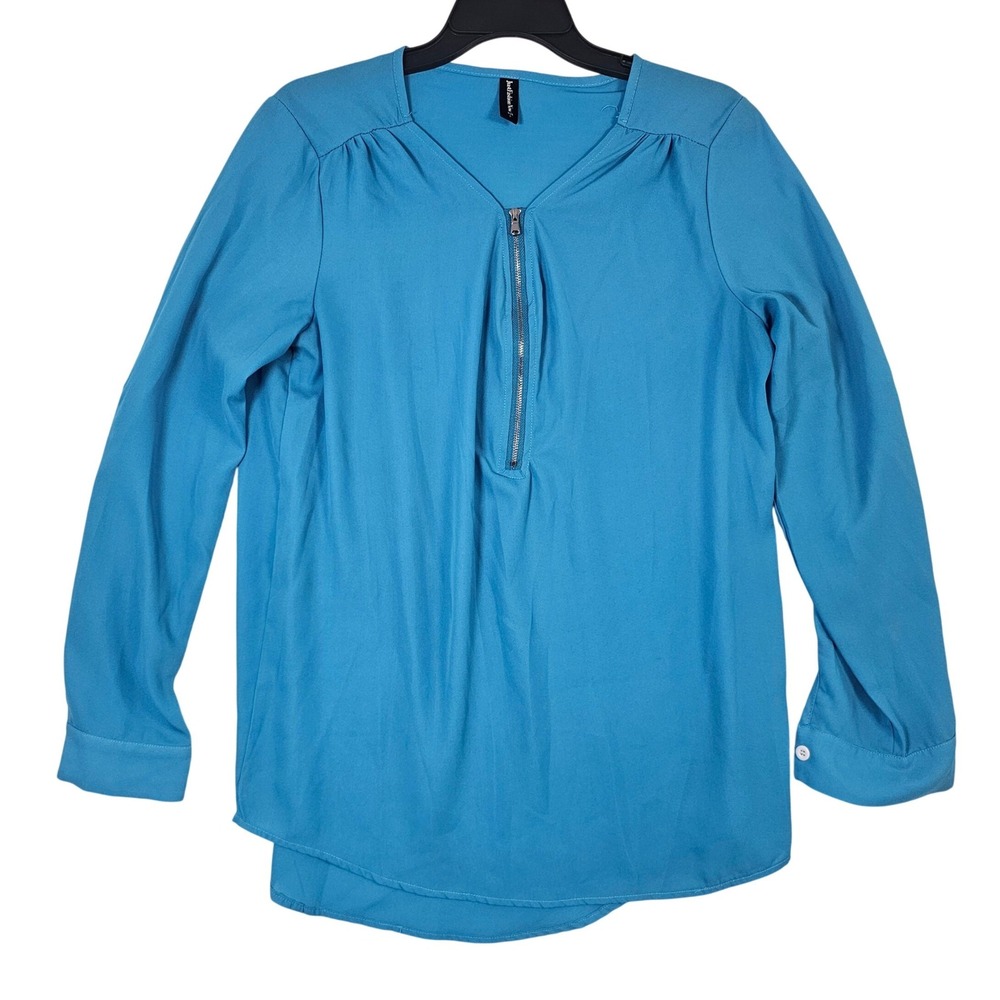 JustFashionNow‎ Womens Large Turquoise Blue Half Zip Long Sleeve Blouse Top